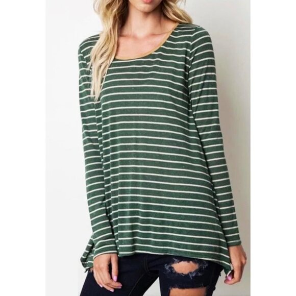 Umgee Brand Top Hunter Green & Cream Stripes Tan Faux Suede Accents Size Small - Picture 11 of 12